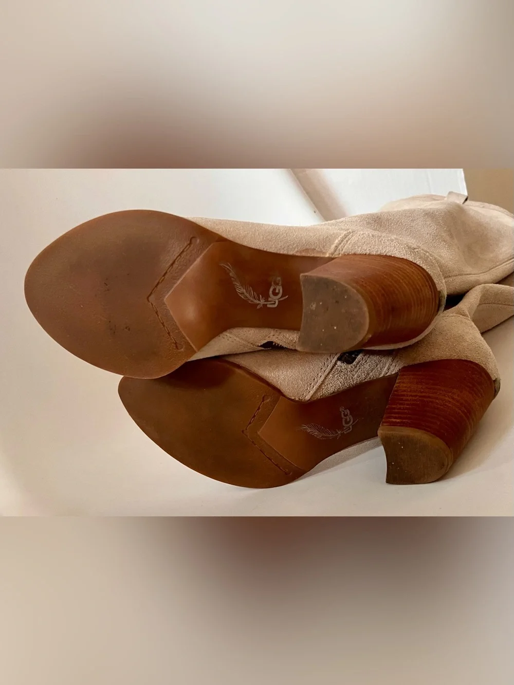 UGG Ava Knee High Waterproof Sheepskin Block Heel Boots Tan Women's US 6